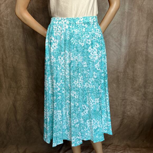 Queen Casuals Vintage 80s Floral Pleated Skirt Midi Blue A Line Women's 15/16 - Picture 3 of 9